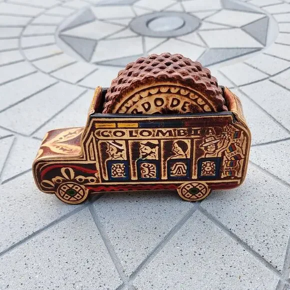 Colombia Folk Art Handcrafted Leather Bus Scalloped Coaster Holder Souvenir - Picture 10 of 11